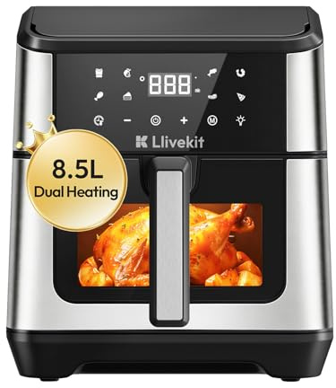 LLIVEKIT 8,5L Freidora de Aire con Doble Resistencia, 95% Sin Aceite | Air Fryer XXL Multifunción, Circulación 360°, 1900W Pantalla Táctil, 8 Programas Predefinidos, Ventana con Luz, Negro