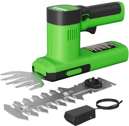 WORFCI 12V Mini Cordless Grass Shear & Hedge Trimmer, 2-in-1 Handheld Electric Shrub Trimmer/Bush Cutter, Battery and Charger Included, Green (WHT12)