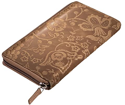 STILORD 'Aurelia' Leder Geldbörse Damen Vintage mit Blumen Muster großes Portemonnaie mit vielen Fächern für EC-Karten Kleingeld braune Brieftasche im Querformat, Farbe:Natur - braun