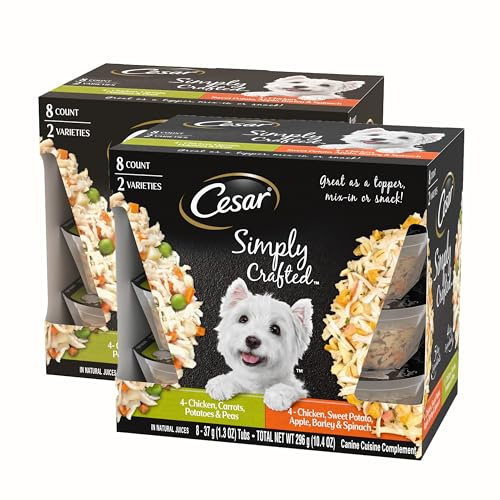 Cesar Simply Crafted Wet Dog Food Toppers for Dry Food, Chicken, Carrots, Potatoes & Peas and Chicken, Sweet Potato, Apple, Barley & Spinach Meal Topper Variety Pack, 1.3 oz. Tubs, 8 Count (Pack of 2)