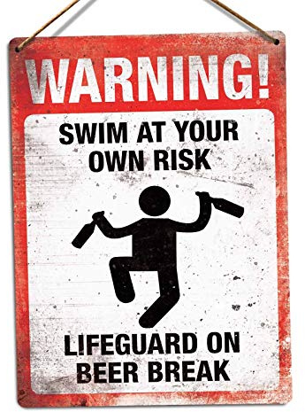 WARNING! Swim at your own risk | Metal Wall Sign Plaque Art Fun Hot Tub Pool Beer (Medium - Sticky Pads)