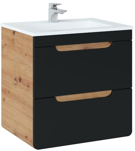 Lomadox Badmöbel Waschtisch Set mit 60 cm Unterschrank seidenmatt anthrazit, Wotan Eiche Nb., Keramik-Waschbecken, Softclose-Schubkästen, B/H/T ca. 61/60,8/46 cm