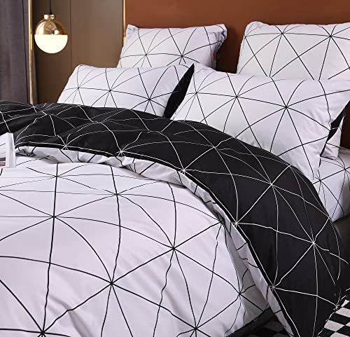 Luofanfei Microfaser Bettwäsche King Size 220 x 240 cm 3 Teilig Kariert Bettbezug Streifen Geometrisch Schwartz und Weiß Wendebettwäsche (JJA, 220 x 240 cm 80 x 80 cm)
