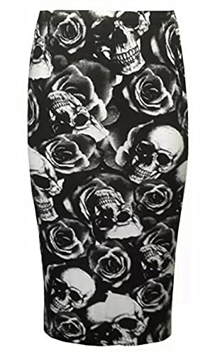 FAIRY TRENDZ LTD Damen Bleistift Midi Rock mit einer elastischen Taille Damen Bodycon Knielang Design Bleistift Büro Rock, Totenkopf Rose, 46-48