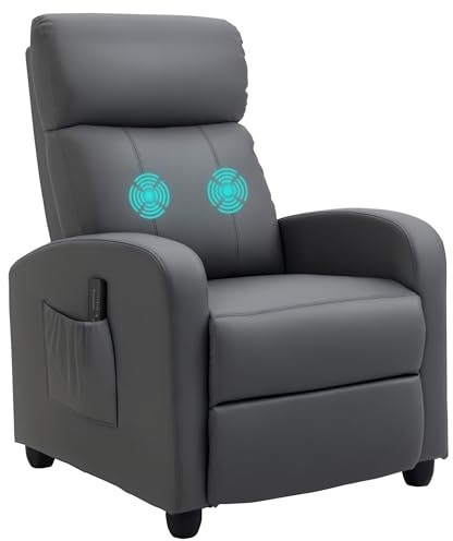 HOMCOM Sillón de Masaje Sillón Relax Reclinable con Mando a Distancia 2 Zonas de Masaje 8 Programas 5 Niveles de Intensidad 1 Bolsillo Lateral y Temporizador Tapizado en PU 68x88x98 cm Gris