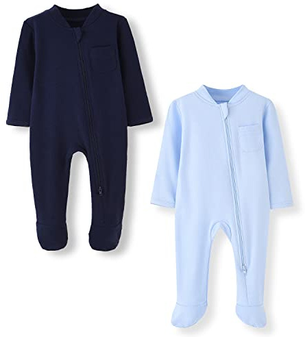 BINIDUCKLING Baby-Jungen Mädchen Schlafanzug Schlafstrampler für Neugborene 0-12 Monate, 2-Wege-Reißverschluss, Baumwolle, mit Füßen, 2er-Pack