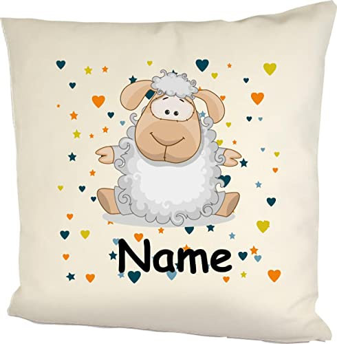 Kuschelkissen Schaf mit Wunschnamen Tiermotiv Herzen Sterne, Kinderzimmer Kuscheln, Kopfkissen Dekokissen mit Füllung, Größe 40X40cm, Farbe Natur