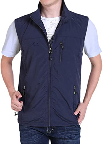LAIYUTING Dünner lässiger Herren-Wasitcoat, Weste mit vielen Taschen, Sommer-Reißverschluss, normale Weste, dunkelblau