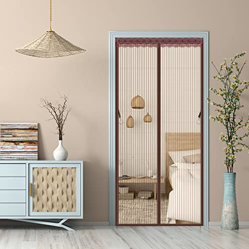 Magnet Fliegengitter Tür,Insektenschutz Balkontür 95x195cm Magnetvorhang für Terrassentür Kellertür Schiebetür Wohnzimmer, Kinderleichte Klebemontage ​Ohne Bohren -Braun