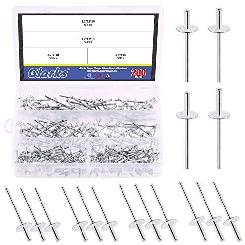 Glarks 200Pcs 1/8 x 1/4, 1/8 x 3/8, 1/8 x 7/16, 1/8 x 1/2 Large Flange Aluminum Blind Rivets Pop Rivets Assortment Set for Joining Metal Plate Pipe Automotive
