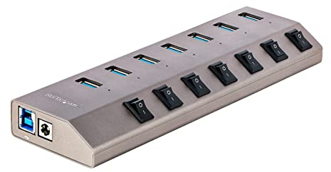 StarTech 7-Port Self-Powered USB-C Hub with Individual On/Off Switches, USB 3.0 5Gbps Expansion w/Power Supply, Desktop/Laptop to USB-A, Type C w/BC 1.2 (5G7AIBS-USB-HUB-EU), Space Gray