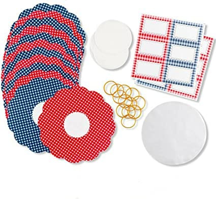 Vision4ever Jam Pot Covers Set GINGHAM 1lb Jar Preserves Chutney Pickle Label Wax Seal Easy To Use complete kit for labelling and sealing homemade items, equal split of Red & Blue