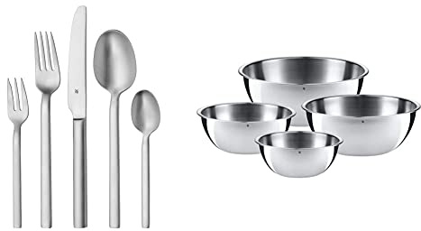 WMF Alteo Besteck Set für 6 Personen, 30-teilig, Monobloc-Messer, Cromargan Edelstahl Mattiert & Schüssel-Set Gourmet 4-teilig Multifunktional als Rührschüssel