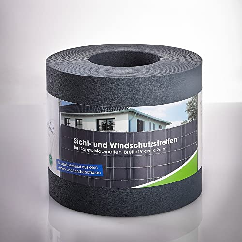 Novatool 2X 25m Rolle PP Premium Sichtschutzstreifen für Doppelstabmatten ANTHRAZIT RAL 7016-19 cm hoch - 20 Reihen Stabmattenzaun Sichtschutzstreifen GRAU mit Rillen Zaunelemente Sichtschutz