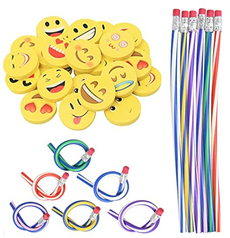 PLABBDPL 32 Pezzi Matite Flessibili e Gomme Emoji Set, 16 Matita Flessibile, 16 Gomme, Matite Pieghevoli Regalo Festa Bambini