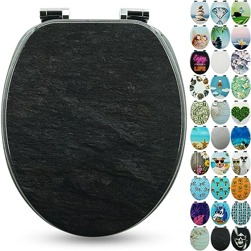 SANFINO® Premium WC Sitz mit Absenkautomatik – hochwertige Toilettendeckel aus Holz, viele bunte Motive, hoher Sitzkomfort, einfache Montage inklusive Montageanleitung – Granit