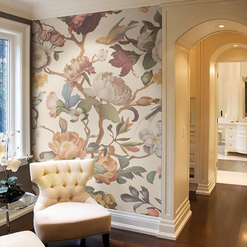 Zeeko Floral Peel and Stick Wallpaper Mural Beige Flower Wallpaper for Bedroom TV Background Large Wall Murals Wall Paintings Art Deco 98 H x 59 W (Covers 40 sq. ft.)