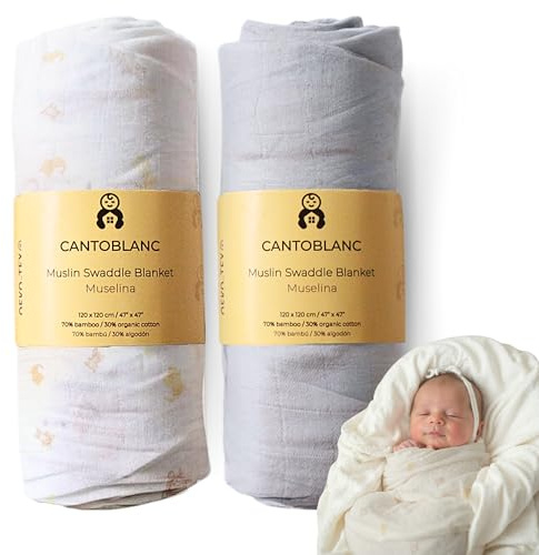 Cantoblanc® Copertina Neonato Cotone Bamboo 120x120 cm, 2 pz. Mussole Inverno Estiva Swaddle Bambini. Panni Fasciatoio Culla Avvolgenti Extra Morbido e Assorbente.