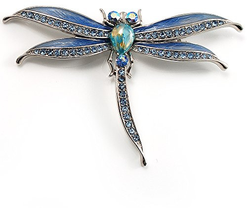 Broche libellule en émail bleu, taille unique, émail, diamante