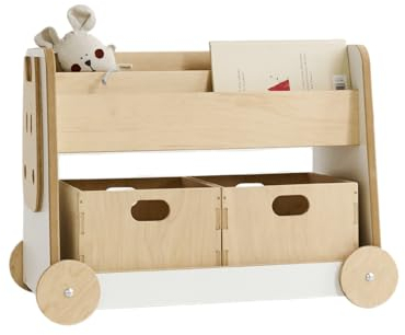 Babywood Holzbuchregal auf Rädern | sicheres Buchregal für Kinder | Kinderregal mit 2 Spielzeugkisten | Montessori-Buchregal | Lagerbuchregal | Bücherregal mit Zwei Holzspielzeugkisten