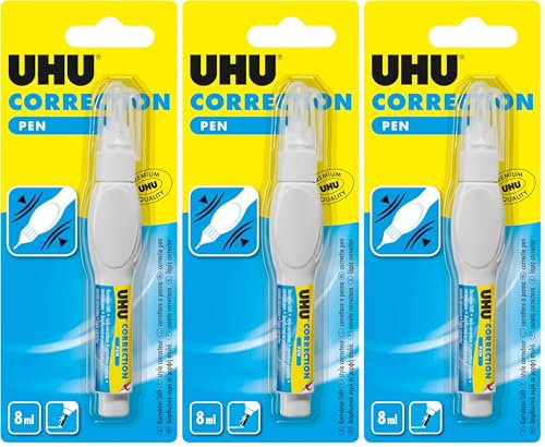 UHU Stylo correcteur - Stylo avec liquide de correction, précis, séchage rapide, blanc, 8ml (Lot de 3)