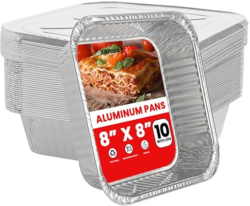 XpressPak Aluminum Foil Trays with Lids (20 x 20 cm) - Disposable Foil Trays - Foil Trays for Baking, Roasting and Food Prep - Pack of 10