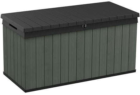 Keter Darwin Outdoor Aufbewahrungsbox 511L – Holzoptik, wetterbeständig, UV-geschützt, Grün - BxTxH: 142,5x65,3x71,2cm