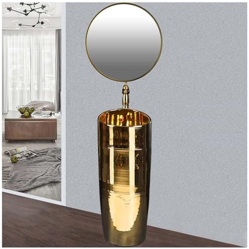 ZTGL Säulen-Waschplatz Waschbecken in Gold Art Handmalerei Standwaschbecken, Höhe 82 cm, Waschtisch ohne Überlauf für Drinnen und Draußen,D,Sink+Mirror