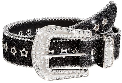 Zimoer Damen Strass Gürtel für Jeans,Punk PU Ledergürtel,Glitzer Gürtel für Western Cowgirl Cowboy,Y2k Bling Nieten-Ledergürtel,Glänzender Taillengürtel für Hosen, Kleider (Silber/Schwarz)