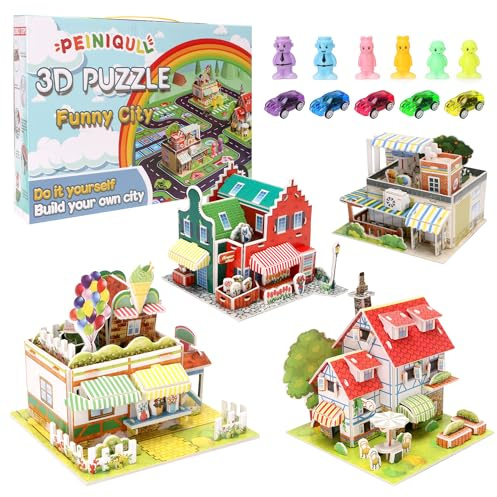 Puzzle Jouet pour Enfants - Set de 4 Pièces, Puzzle Cartonné 3D Éducatif, Puzzle en Papier - Ville Jouet avec 5 Voitures, 6 Poupées, Cadeaux Créatifs pour Anniversaire Noël