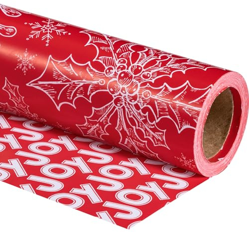 RUSPEPA Wende-Geschenkpapierrolle – weihnachtliches Schneeflocken- und JOY-Muster, ideal für Weihnachten, Party, Urlaub – 43,2 cm x 10 m