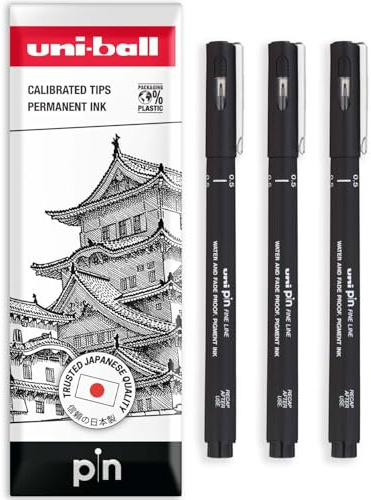 uni-ball PIN Fineliners | Black Fine Tipped Writing Pens | Water & Fade Resistant Ink | Ideal for Sketching, Scrapbooking, Outlining, Art, Technical Drawing | In Envelope (Pack of 3, 0.5mm)