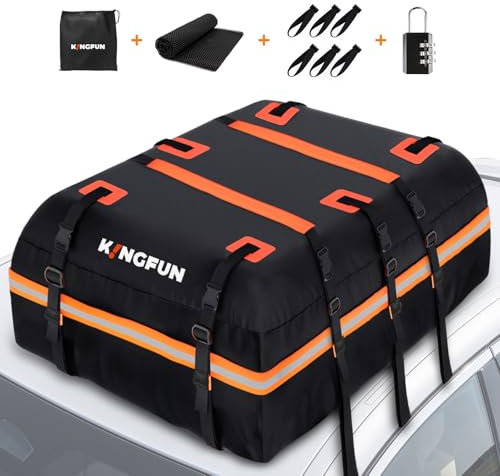 Kingfun Rooftop Cargo Carrier - Waterproof 20 Cubic Feet Car Roof Bag for All Vechicles with/Without Racks, Includes Anti-Slip Mat, 8 Reinforced Straps, 6 Door Hooks, Luggage Lock