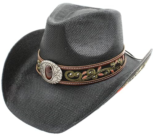 Carnavalife Sombrero de Cowboy/Cowgirl de Paja Fuerte Panamá, Sombrero Texas, Sombrero Vaquero Bordado Floral Unisex Talla única Hombre Mujer Coachella (FR/ES, Letras, Talla única, LM10745 Negro)