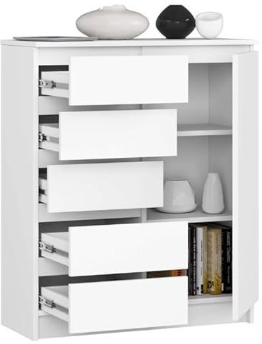 BDW - Kommode mit 5 Schubladen und 1 Tür - 80 cm breit, 97 cm hoch - Schrank, Sideboard, Mehrzweck-, Schuhschrank, Schubladenkommode, Aktenschrank - Wohn-, Schlafzimmer, Flur (Weiss)
