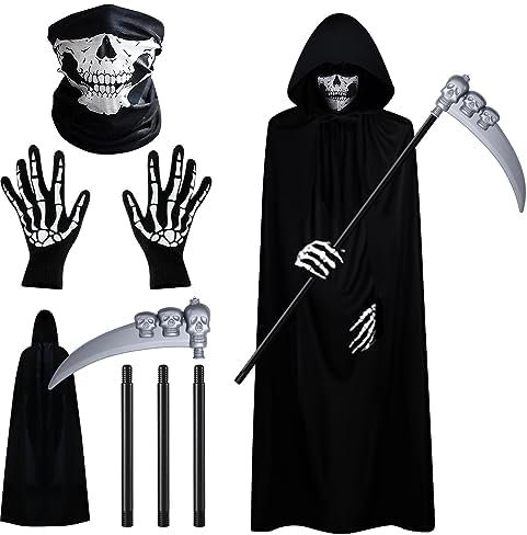 DanDun Halloween Sensenmann Kostüm, Sensenmann Kostüm, Halloween Kostüm Set (Sensenmann Umhang mit Totenkopfmaske, Sense, Kapuze, Handschuhe), Deko Cosplay Sensenmann für Maskerade Party