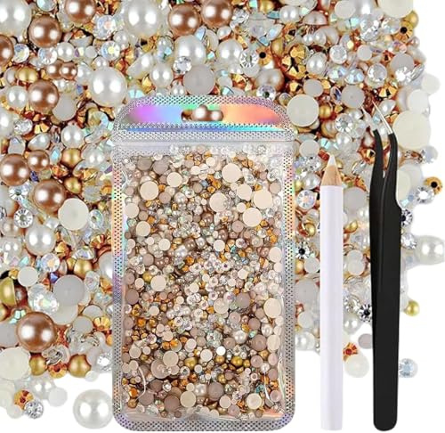 50 g, mezcla de perlas de imitación con parte trasera plana, doradas, diamantes de imitación con parte trasera plana, lentejuelas, gemas, tamaño de diamante de 3 mm a 10 mm, para manualidades, vasos
