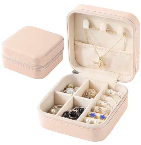HonGien Schmuckkästchen Reise Schmuckschatulle Klein Schmuckaufbewahrung Damen Klein Schmuck Etui Tragbarer Reise Schmuckbox jewellery box small für Ohrringe, Ringe, Ohrstecker, Kette (Rosa)