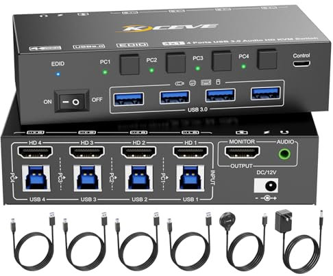 8K@60Hz HDMI KVM Switch 4 Computers 4K@144Hz, Simulation EDID, MLEEDA 4 Port USB3.0 KVM Switch with Audio for 4 Computer Share 1 Monitor and Keyboard Mouse Headset,Wired Remote,Power Adapter Included