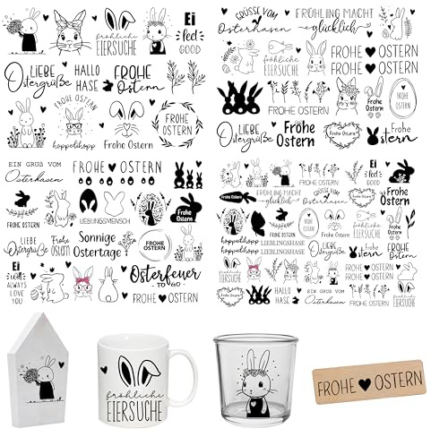 FloraVigo Rub On Sticker ca.A5 19x14cm-Spruch Deko zum Geburtstag, Keraflott, Hochzeit, Zuhause, Wischfolie für Möbel, Glas, Holz, Fotoalbum, DIY Deko, Aufkleberästhetik(4PCS) (OSTERN)