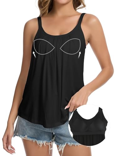 Joyshaper Vest Tops for Women Built in Bra Summer Sleeveless Camisole | Ladies Loose Fit Strappy Cami Top Pleated Shirts Tank