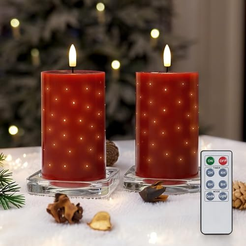 Rhytsing 2er roten LED-Wachskerzen mit funkelnden Glasfaser-Lichtern, Flammenlose Deko Kerzen für Weihnachten & Advent, Höhe 12,5 cm, inkl. Fernbedienung & Batterien