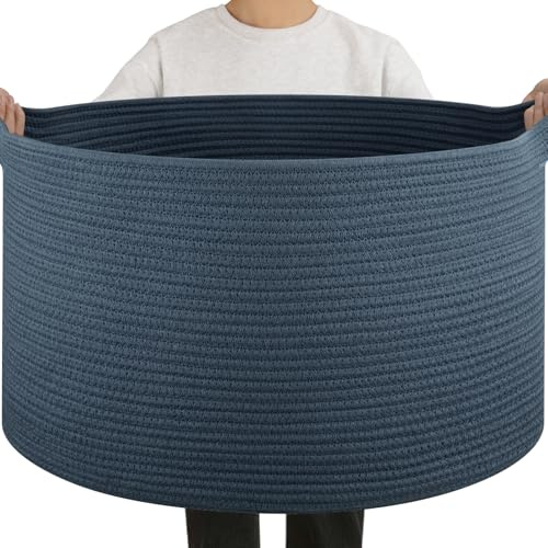 OIAHOMY 90L Blanket Basket for Living Room, Large Basket 23 x 23 x 13 with Handle, Laundry Hamper for Blankets, Pillows, Toy Storage for Kids, Dogs - Blue