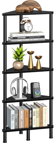 Eckregal mit 5 Ebenen, EckregalStehend, schmales Eckregal, Eck-Bücherregal zur Präsentation von Pflanzenblumen, Standregal, offene Ablagen für Wohnzimmer, Schlafzimmer, Balkon, Küche, Schwarz