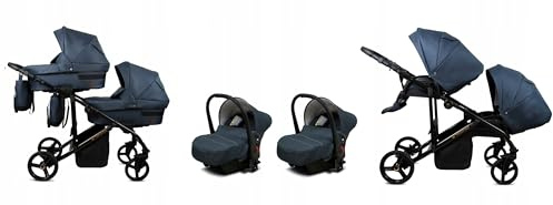 BabyLux® Kinderwagen Set 3 in 1 für Zwillinge - Trailux Duo - Antracyt - incl. Babywanne, Buggy Sportsitz, Auto-Babyschale - Autositz - Geschwisterwagen Zwillingskinderwagen mit Wickeltasche