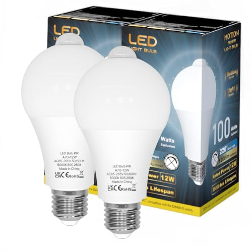 LUTW E27 Glühbirne mit Bewegungsmelder, 12W E27 LED Tageslichtweiss,2 Stück | Leuchtmittel E27 Ersetzt 100W, 5000K Tageslichtweiß, 1200lm, 220° Abstrahlwinkel Energiesparlampe für Garage, Balkon, Treppe