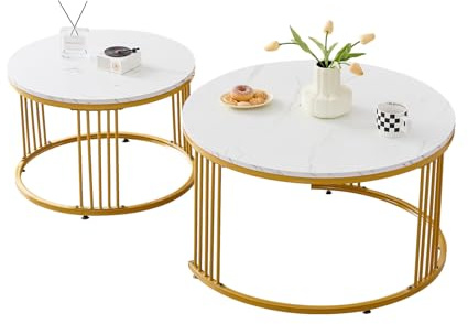 ZZINOKE Couchtisch Rund 2er Set,Weiß Couchtisch Marmor mit Gold Metallgestell,Wohnzimmertisch Modern,Moderne Wohnzimmertisch,Satztische fürs Wohnzimmer