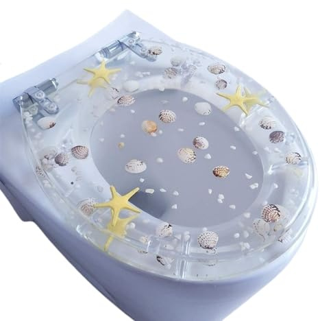 DQZRTUECA Runder Toilettensitz mit Absenkautomatik, durchsichtiges Harz, Seestern-Design, Schnellverschluss, leicht zu reinigen