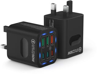 2 Pack USB C Plug UK 50W, Tupneuf 6 Port USB Charger with 30W PD/PPS & 20W QC, Multiport Fast Charger for iPhone 17 16 15 Pro Max, iPad Pro Air, Samsung Galaxy S25 S24 S23, Android Phone, Black, Set
