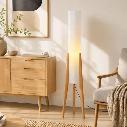 KlkrzJwy Wabi-Sabi Stativ-Stehlampe Aus Holz, 128 CM, Papierlaternen-Stil | Hoher Leinenschirm, E27-Glühbirne Inklusive, 3 Farbtemperaturen, Fußschalter, Naturholz, Wohn-, Schlaf- Und Arbeitszimmer
